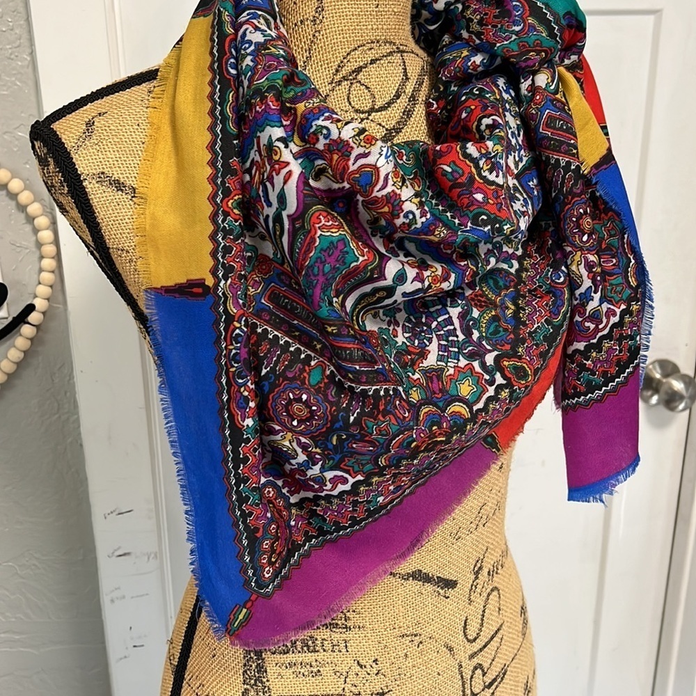 90’S COLORFUL SCARF WITH COLORBLOCK AND RAW HEM OUTER - Picture 2 of 14